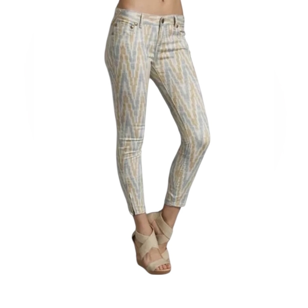 Free People Skinny Jeans,Off-White,tan  Gold,Grey Pattern, zipper ankles,Size 30 - Picture 2 of 8